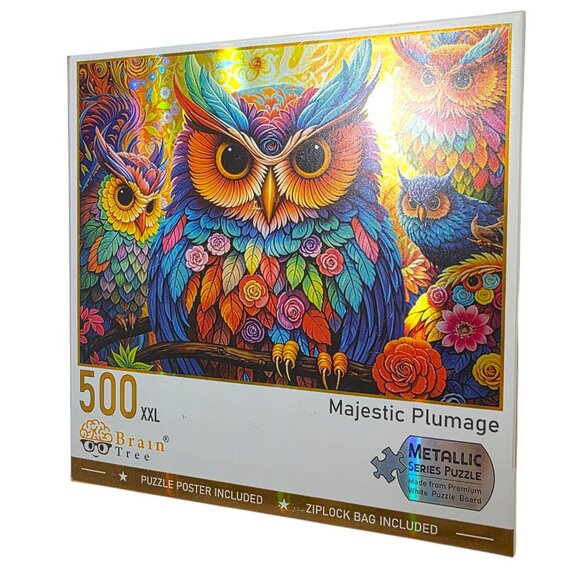 Owls Metallic Puzzle 500 Pieces 27.5" x 19.5" Majestic Plumage Premium Board - Picture 7 of 7